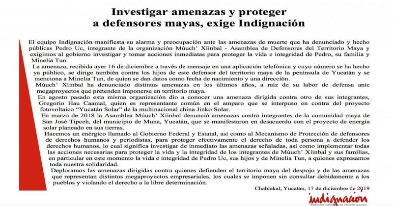 Investigar amenazas y proteger  a defensores mayas, exige Indignación en caso de Pedro Uc