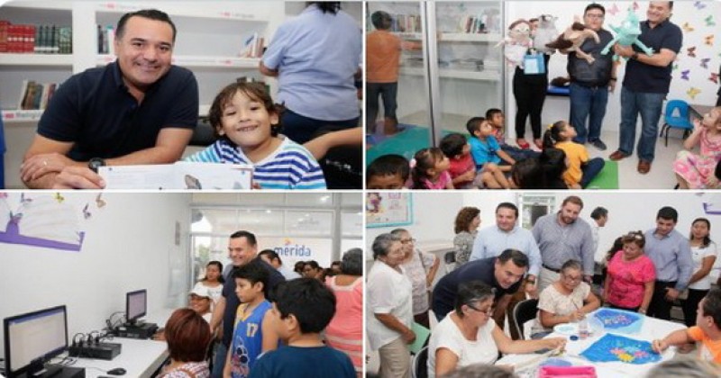 Inauguró alcalde Renán Barrera la biblioteca Ché eliltáan (arcoiris) en la colonia Tixcacal Opichén