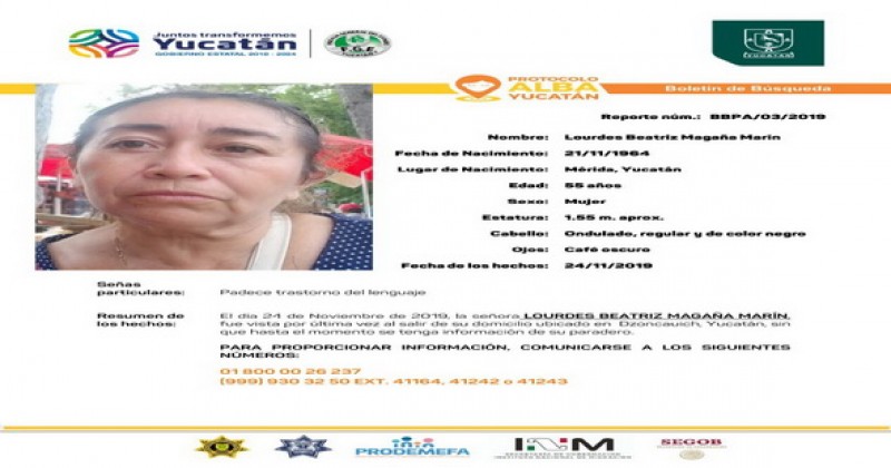 Activación de protocolo ALBA de lourdes beatriz magaña marín de 55 años (yucatán)