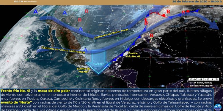 Para esta noche y madrugada, el frente frío No. 41, se ubicará sobre la Península de Yucatán y el sureste del país