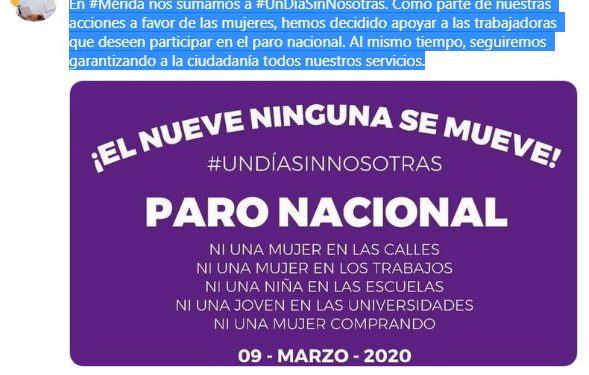 El alcalde de Mérida, Renán Barrera Concha también anunció su adhesión a la huelga femenina en el país