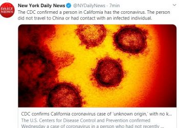 En Estados Unidos confirman un caso de coronavirus en California de “origen desconocido”, sin antecedentes de viajes directos o contactos conocidos con personas enfermas