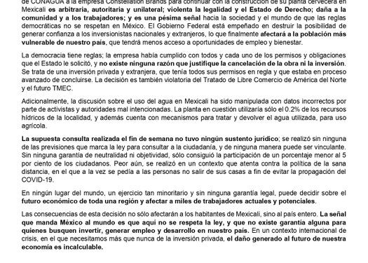 Decisión del gobierno federal sobre Constellation Brands es arbitraria, violenta la legalidad y es una pésima señal: CCE
