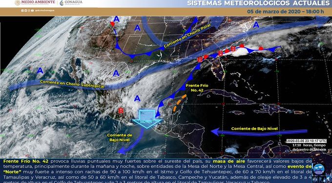 El frente No. 42 se extenderá sobre el sureste del país y la Península de Yucatán