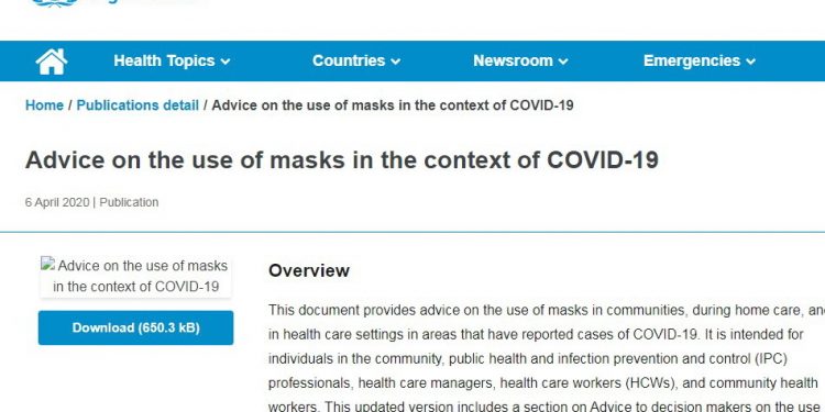 Mascarillas de algodón pueden ser una fuente potencial de infección, ya que no son resistentes a los fluidos y, por lo tanto, pueden retener la humedad y contaminarse, advierte la OMS