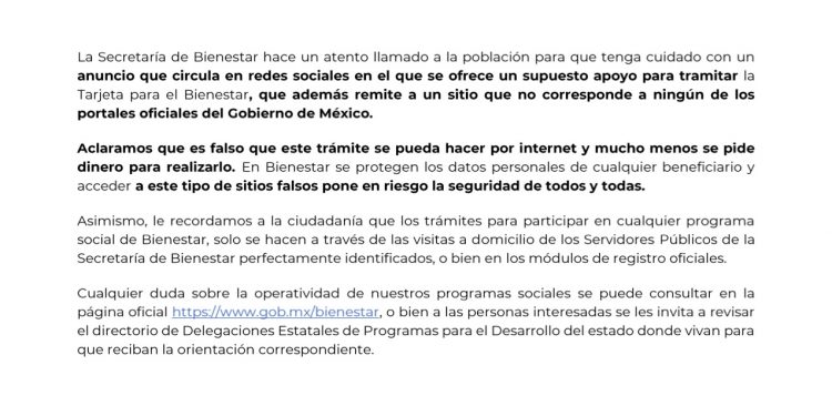 Otro fraude: circula en redes sociales un supuesto apoyo para tramitar la “Tarjeta para el Bienestar”, que además remite a un sitio que no corresponde a ningún de los portales oficiales del Gobierno de México, afirman