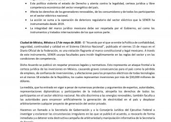 “Ataque frontal a la certeza jurídica de las inversiones en México”, dice el CCE en un comunicado en rechazo al Acuerdo por el que se emitió la “Política de Confiabilidad, Seguridad, Continuidad y Calidad en el SEN”, emitido por la Secretaría de Energía