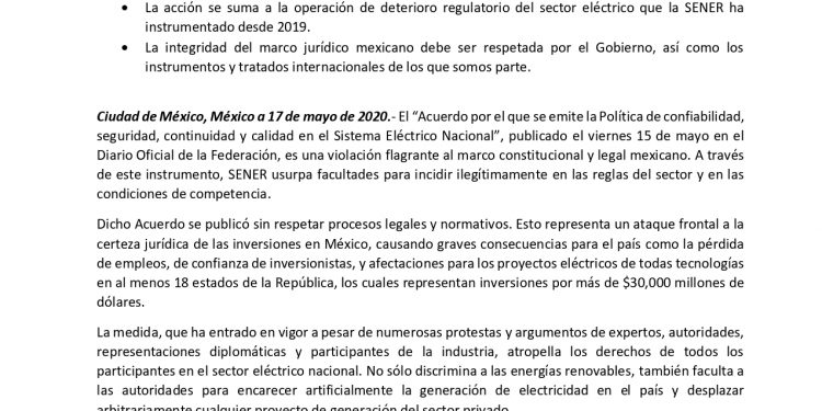 “Ataque frontal a la certeza jurídica de las inversiones en México”, dice el CCE en un comunicado en rechazo al Acuerdo por el que se emitió la “Política de Confiabilidad, Seguridad, Continuidad y Calidad en el SEN”, emitido por la Secretaría de Energía