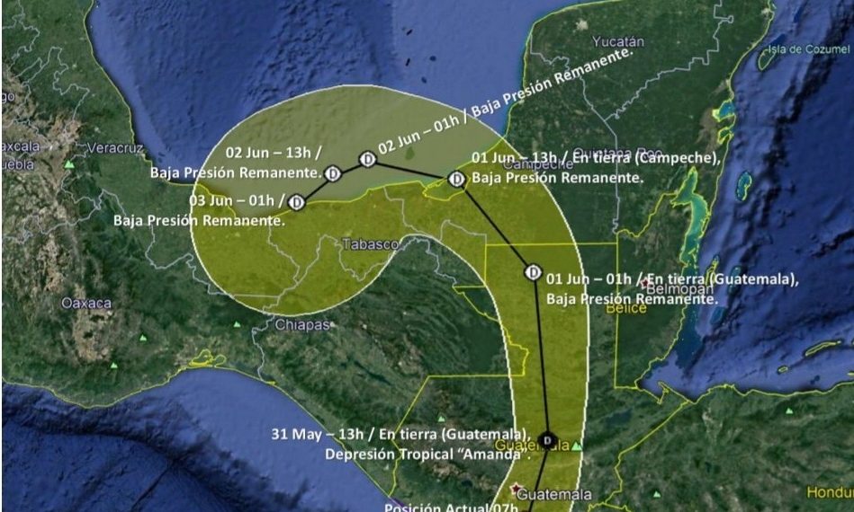 Baja presión remanente de Amanda avanzará sobre tierra hacia el norte, se prevé que ingrese a Campeche en el transcurso de la noche, su amplia circulación seguirá afectando al sureste mexicano
