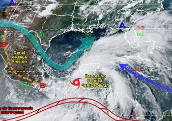 Durante esta noche y madrugada, la amplia circulación de la Depresión Tropical “Cristobal” mantendrá el temporal de lluvias en el sureste de México y en la Península de Yucatán
