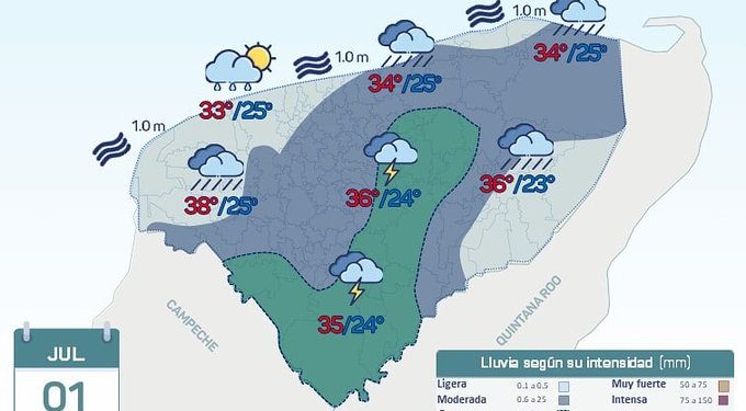En Yucatán se prevé lluvia de ligera a moderada en el poniente; y de moderada a fuerte acompañada de actividad eléctrica