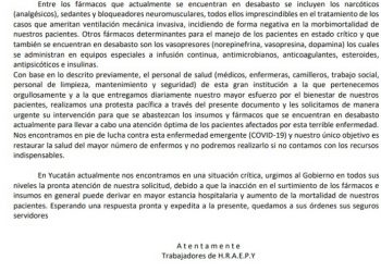 Se trabaja con medicamentos alternativos y nunca se ha puesto en riesgo la vida de ningún paciente”, señalan fuentes médicas en Yucatán/ Rechazan a quienes pretenden sembrar el caos entre la población afirmando que por el SARS-Cov 2 en el HRAE, “estamos presentando un desabasto de insumos en general