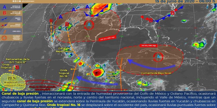 Durante este día, el paso de la onda tropical No.17 aunado al fuerte calentamiento diurno, favorecerán condiciones de cielo medio nublado con probabilidad para que se presenten intervalos de chubascos con tormentas aisladas en sectores del centro y noroeste de Yucatán