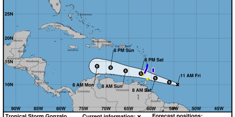 La Tormenta Tropical “Gonzalo” se localiza al este de las Antillas Menores, presenta desplazamiento hacia el oeste, lejos de costas mexicanas / Se ubica a 780 km al este de las Antillas Menores y a 3,705 km al este-sureste de las costas de Quintana Roo
