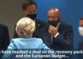 Exultan y ríen bajo las mascarillas: Los líderes de la Unión Europea acordaron un paquete de estímulo de 750 mil millones de euros para que los Estados miembros puedan combatir los efectos de la recesión económica provocados por la pandemia de Sars Cov 2 / Se trata de un “auténtico Plan Marshall”, dice Pedro Sánchez
