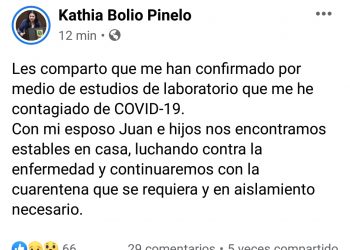 La diputada panista local, Katia Bolio Pinelo, anunció en sus redes sociales que se contagió de coronavirus por lo que pemanecerá en cuarentena en su casa / Ya son tres, al menos, los legisladores enfermos de COVID19 en Yucatán