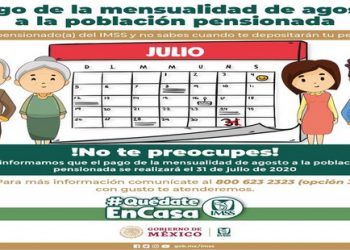 IMSS informa a pensionados que el 31 de julio se realizará el pago correspondiente al mes de agosto / Como medida de prevención ante la contingencia por COVID-19, se recomienda a la población pensionada a no asistir el mismo día de pago a las sucursales bancarias, sino hacerlo los días posteriores, de manera escalonada