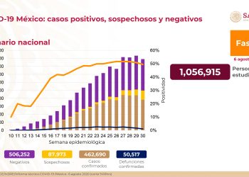 Al 6 de agosto de 2020 hay 462,690 casos confirmados y 87,973 sospechosos de COVID19 en México / Se han registrado 506,252 negativos, 50,517 defunciones confirmadas y 308,848 personas recuperadas, informó el gobierno federal