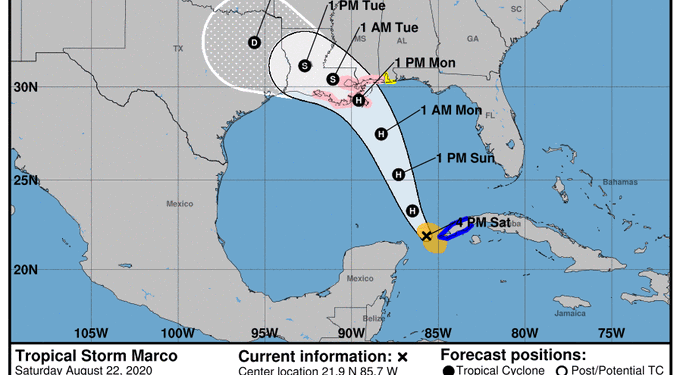 Tuvo lugar un cambio significativo en la previsión y dirección de la tormenta “Marco”, la que tocará tierra cerca del área de Nueva Orleans durante el lunes, convertida en huracán / También se pronostica que Laura se convierta en un huracán de categoría 1 en la costa de Louisiana