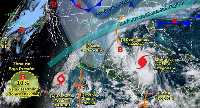 A partir de esta noche, el extremadamente peligroso huracán “Delta” de categoría 4, ingresará a la costa norte de Quintana Roo / Se prevén vientos de 150 a 240 km/h