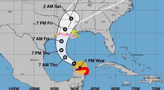 El centro del huracán Delta, categoría 2 en la escala Saffir-Simpson, se ubica en el Golfo de México: al nor-noreste de Dzilam y a 110 km al este-noreste de Progreso
