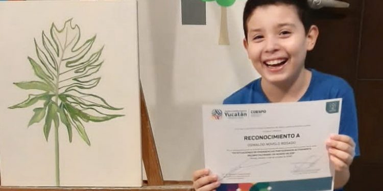 Oswaldo Novelo, del municipio de Conkal, ganó el tercer lugar en el Concurso Nacional de Dibujo y Pintura Infantil y Juvenil 2020