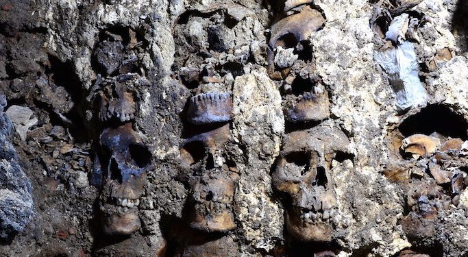 Arqueólogos del INAH encontraron otros 119 cráneos humanos en la facha este del Huei Tzompantli, en el centro de la Ciudad de México