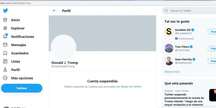 “Hemos suspendido permanentemente la cuenta” del presidente estadounidense, Donald Trump, “debido al riesgo de una mayor incitación a la violencia”, argumenta Twitter