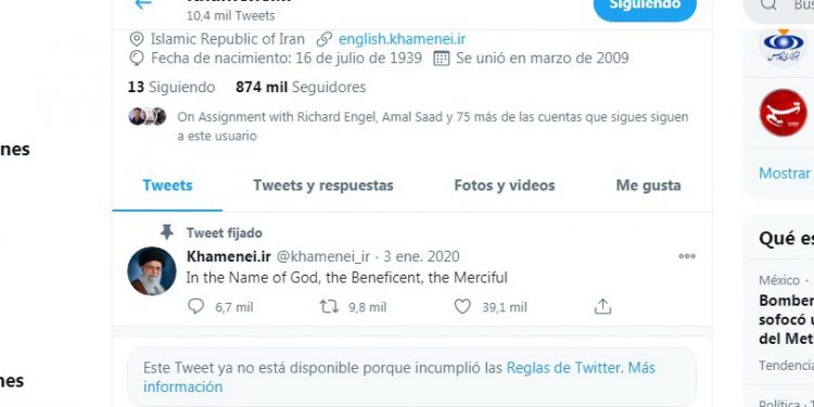 Twitter eliminó un tweet del líder supremo de Irán, el ayatolá Ali Khamenei, en el que sugería que las vacunas contra el coronavirus fabricadas en Estados Unidos y Gran Bretaña son “poco confiables”