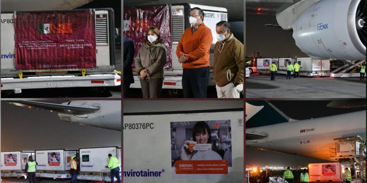 Al aeropuerto de la Ciudad de México llegaron las 800 mil dosis comprometidas por la empresa china Sinovac, informó hoy el secretario de Relaciones Exteriores, Marcelo Ebrard