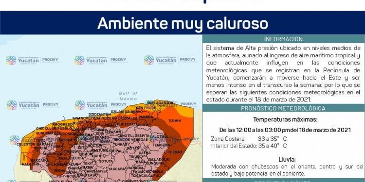 La Coordinación Estatal de Protección Civil (Procivy) llama a la población a adoptar precauciones ante el aire marítimo tropical que, al ingresar este jueves 18, propiciará mucho calor