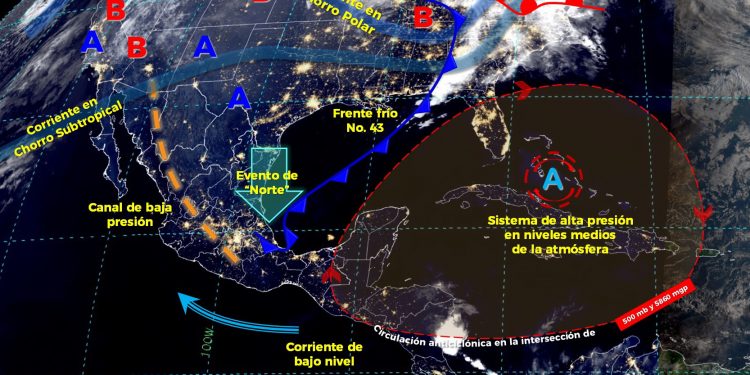 Clima templado por la mañana en la Península de Yucatán y cálido a caluroso durante el día: se pronostica cielo nublado en la tarde, lluvias puntuales fuertes en la región y evento de Norte