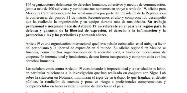 164 organizaciones defensoras de derechos humanos, colectivos y medios de comunicación, junto a más de 400 activistas y periodistas publicaron posicionamiento de apoyo a Artículo 19 / Condenan declaraciones del presidente de la República