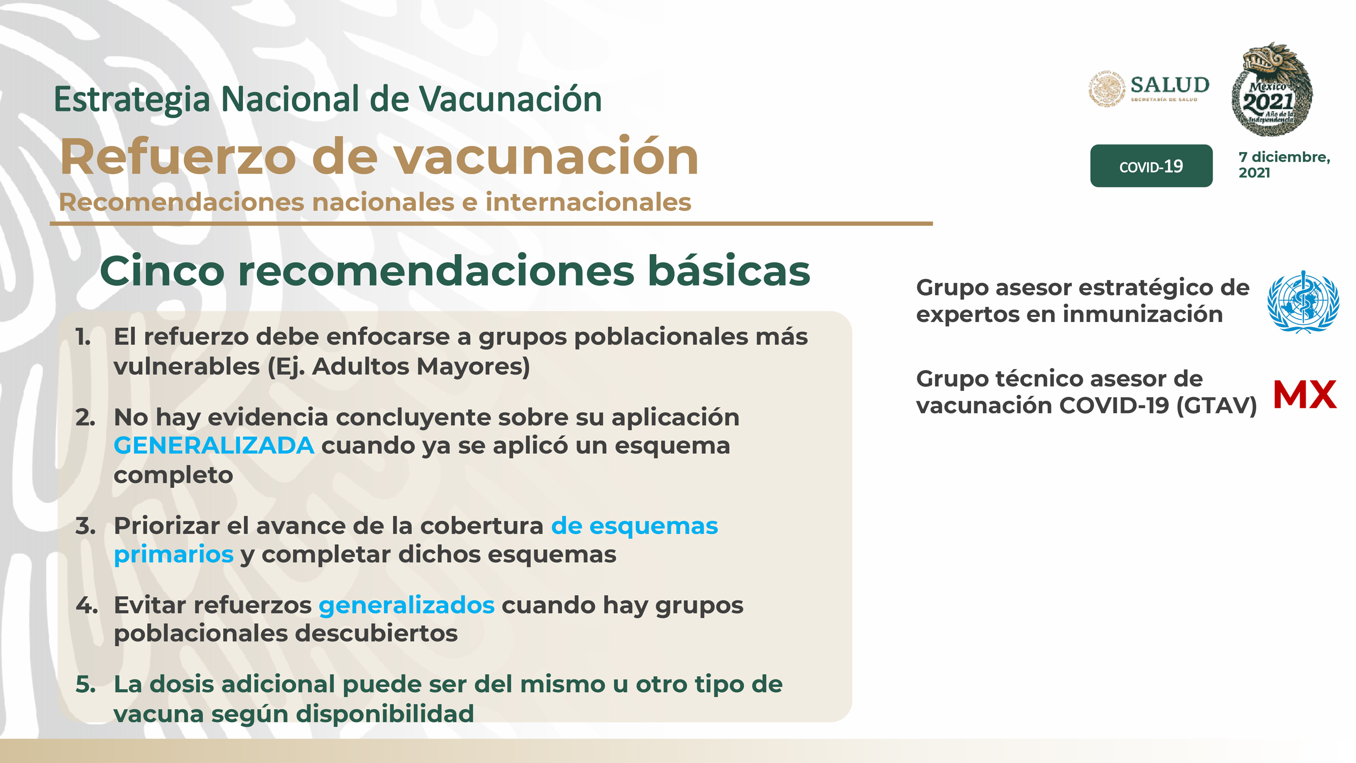 Hoy inicia en Chiapas, Ciudad de México, Jalisco, Oaxaca, Sinaloa y Yucatán la vacunación de refuerzo contra COVID19 a personas adultas mayores de 60 años, anunció López Gatell