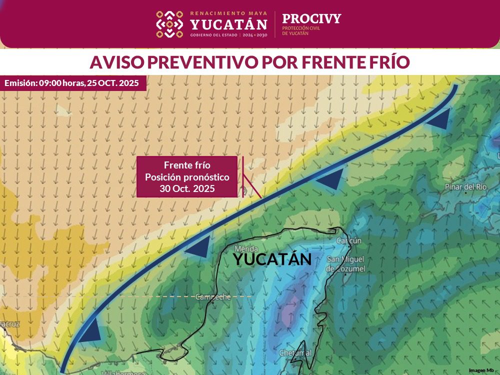 Durante la noche del miércoles 29 y las primeras horas del jueves 30 de octubre se prevé el ingreso de un frente frío al estado de Yucatán