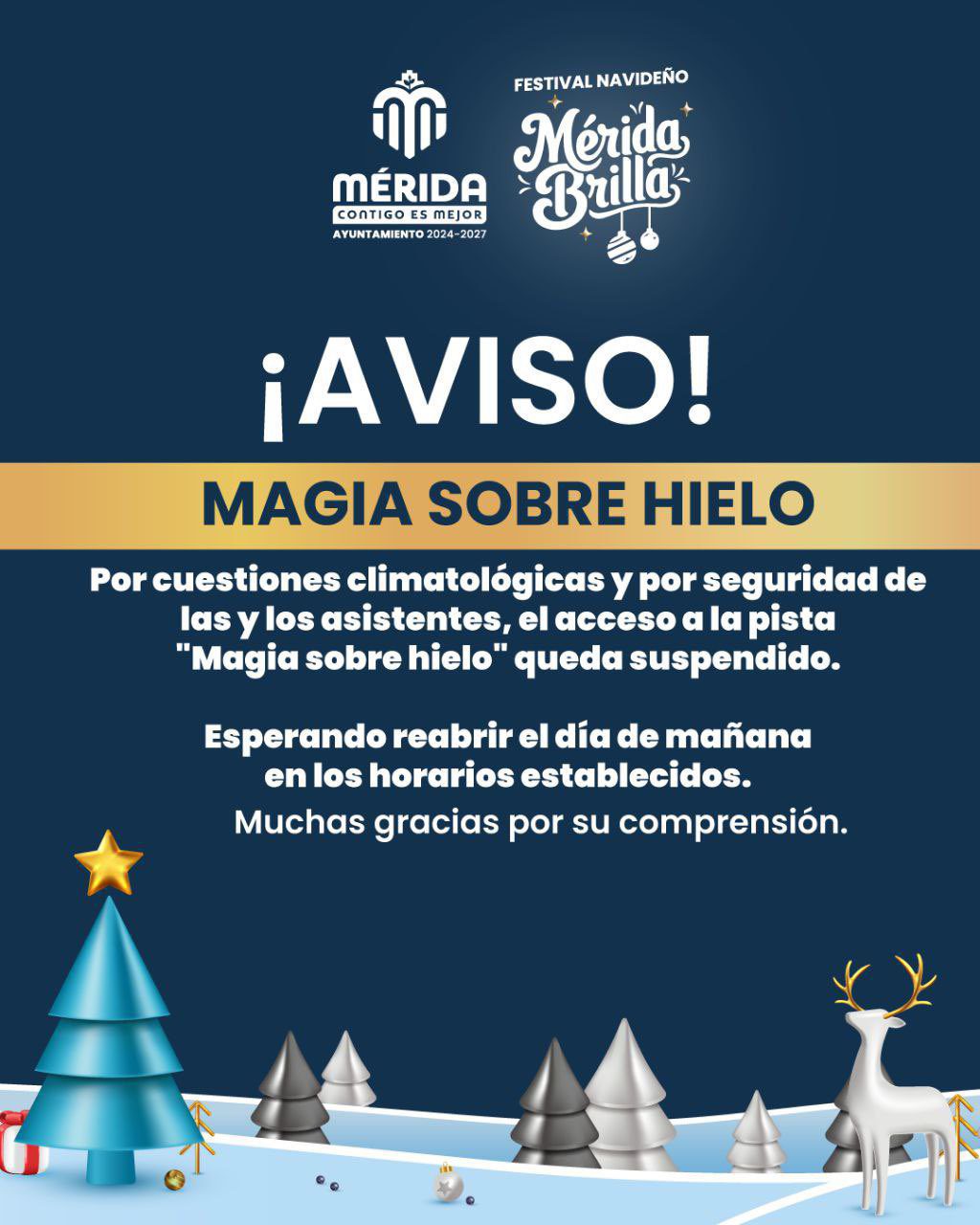 Por el clima se pospone hoy 13 de diciembre el acceso a los siguientes eventos: “Sendero de Magia y Luz” y “Magia sobre Hielo”