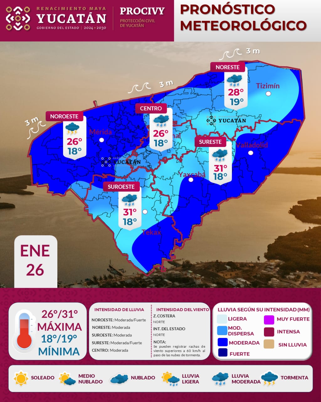 Frente frío número 30 ingresará sobre el noroeste de Yucatán entre las 9:00 y 10:00 horas del día de hoy