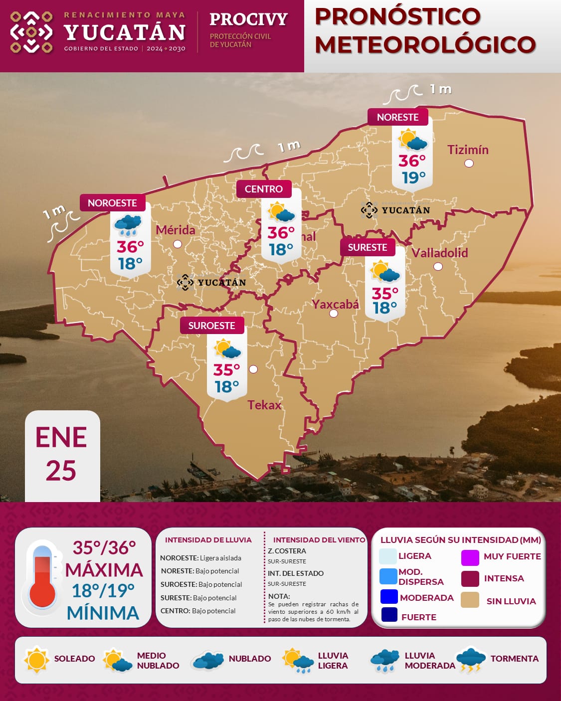 Esta mañana predominan condiciones de cielo despejado a parcialmente nublado en la mayor parte de la península de Yucatán