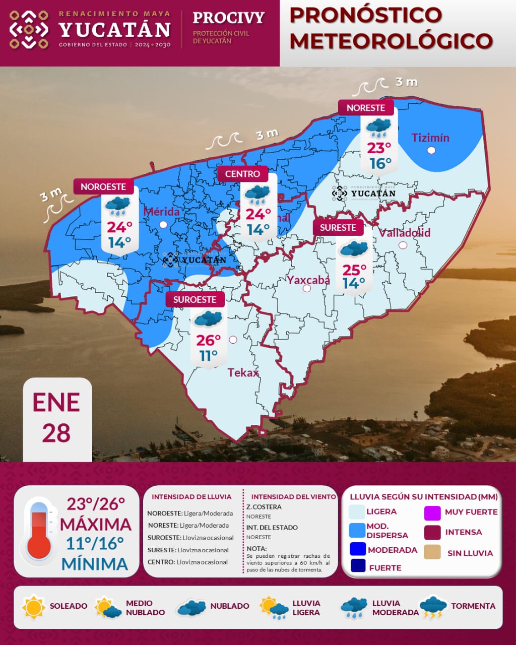 Para este miércoles 28 de enero, la masa de aire ártico, continuará favoreciendo con nublados acompañados de lluvia ligera y moderada dispersa