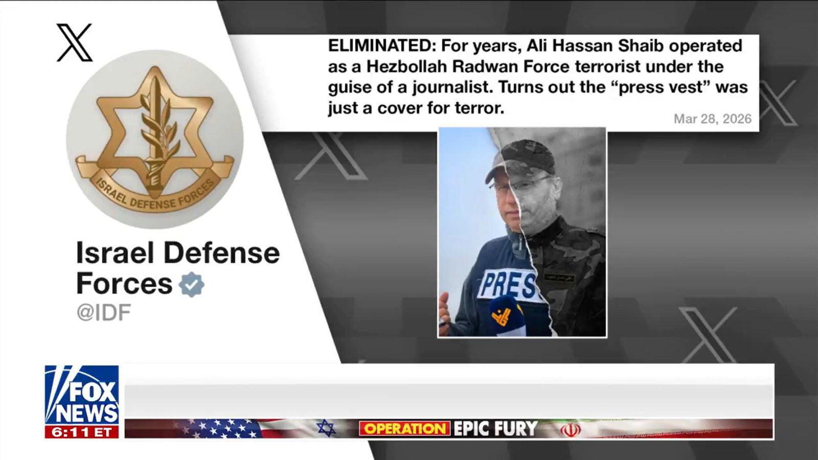 Montaje fotográfico: foto del periodista libanés, Ali Shoaib vestido de militar y miembro de Hezbolá fue manipulada por el IDF