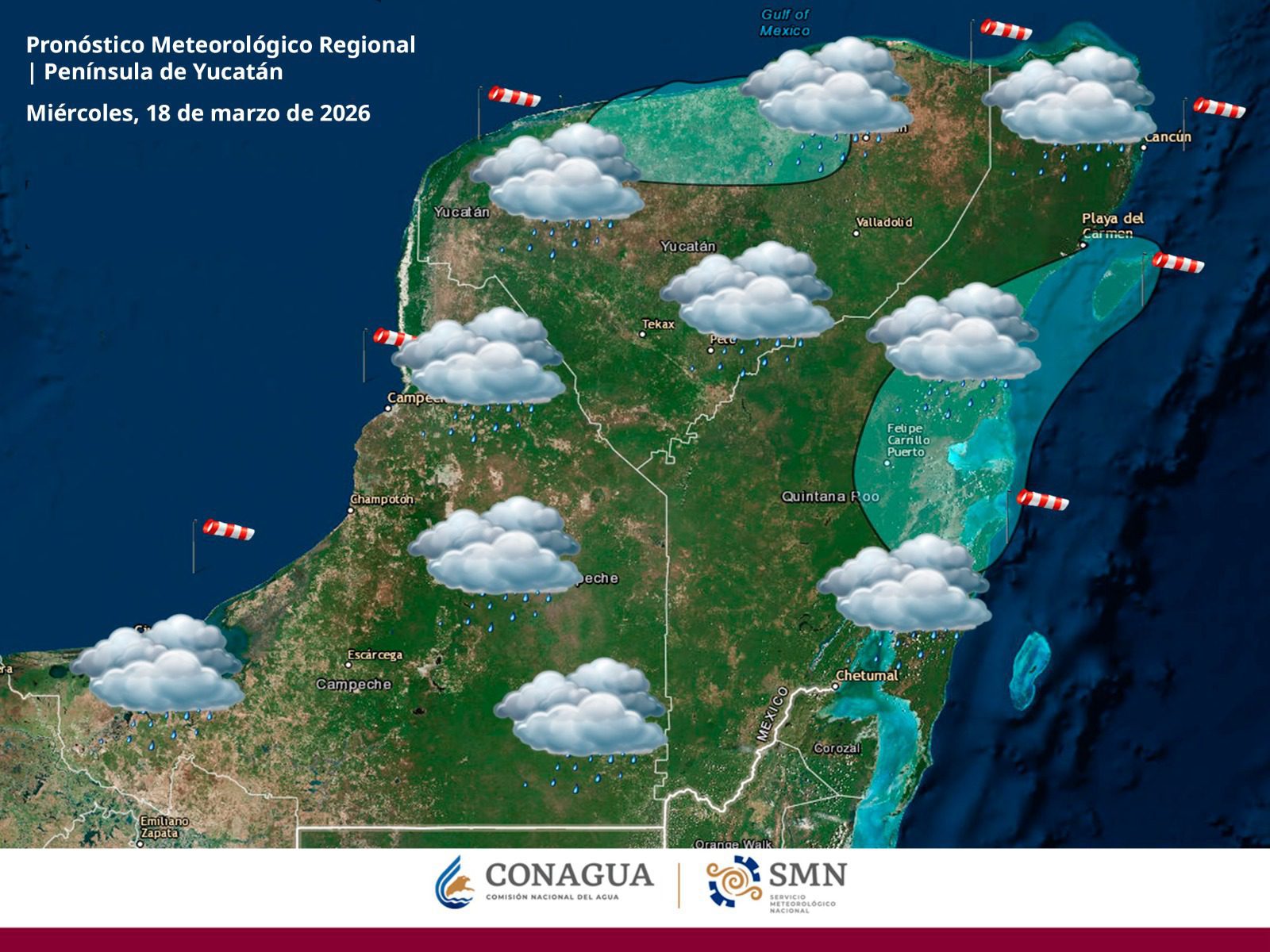 Pronostica Procivy nublados acompañados de lluvia ligera por la mañana en municipios del noroeste, incluido Mérida, extendiéndose por la tarde a municipios del centro, noreste y sureste