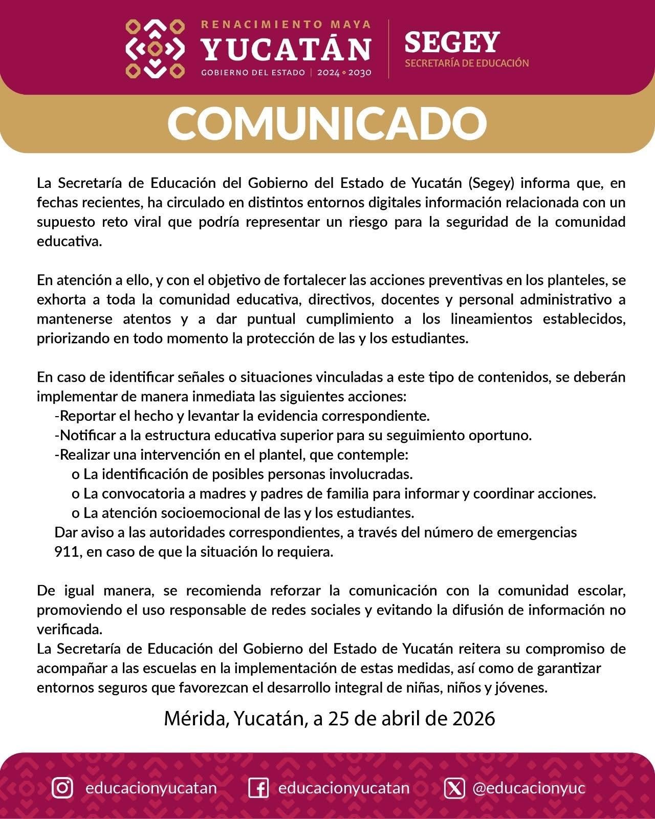 Segey informó que ha emitido una alerta por la circulación de un supuesto reto viral en entornos digitales que podría representar un riesgo para la comunidad educativa