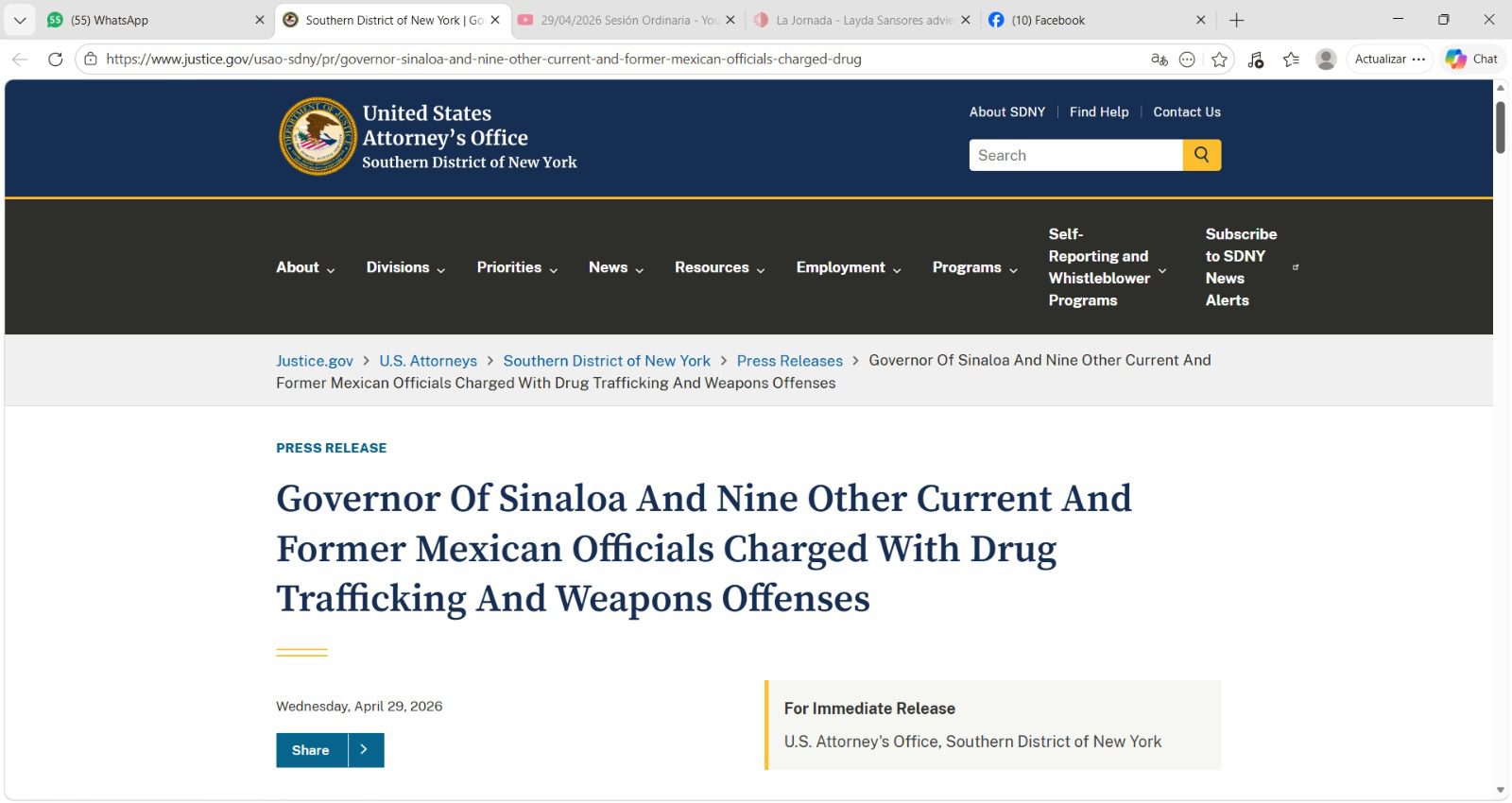 El gobernador de Sinaloa, Rubén Rocha Moya, el senador Enrique Inzunza, el alcalde de Culiacán y otros 6 funcionarios mexicanos han sido acusados de tráfico de drogas y delitos con armas por el fiscal del Distrito Sur de Nueva York
