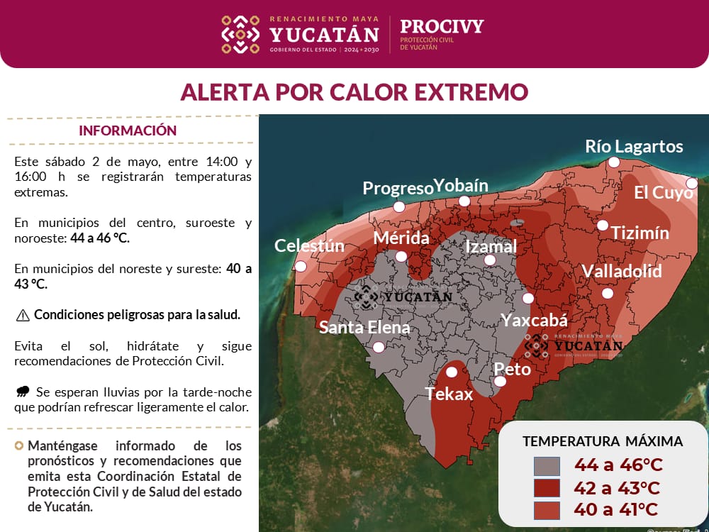 Este sábado 2 de mayo, entre 14:00 y 16:00 h se registrarán temperaturas extremas, advierte Protección Civil del Gobierno de Yucatán