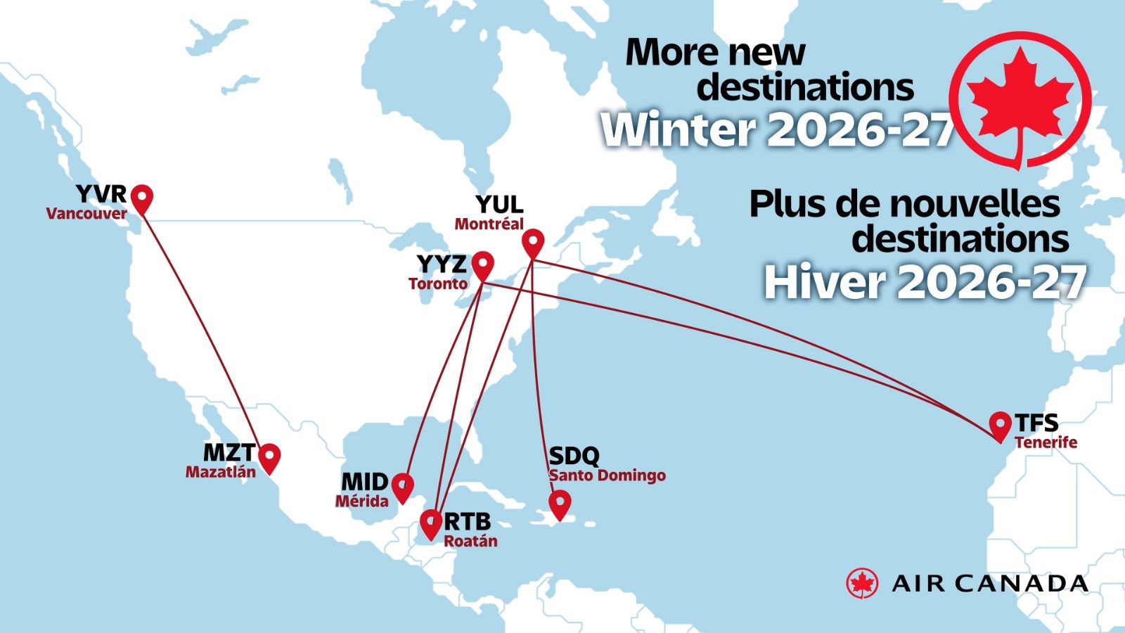 Gobierno de Yucatán anunció la incorporación del Estado a la ruta directa Toronto-Mérida de Air Canada, que formará parte de la red de invierno 2026-2027 de la aerolínea
