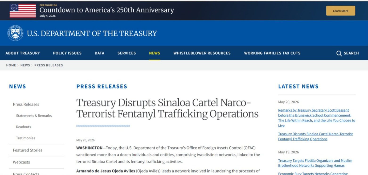 Sanciona el Departamento de Estado de los Estados Unidos a “más de una docena de individuos y entidades, que comprenden dos redes distintas, vinculadas al Cártel terrorista de Sinaloa y sus actividades de tráfico de fentanilo”