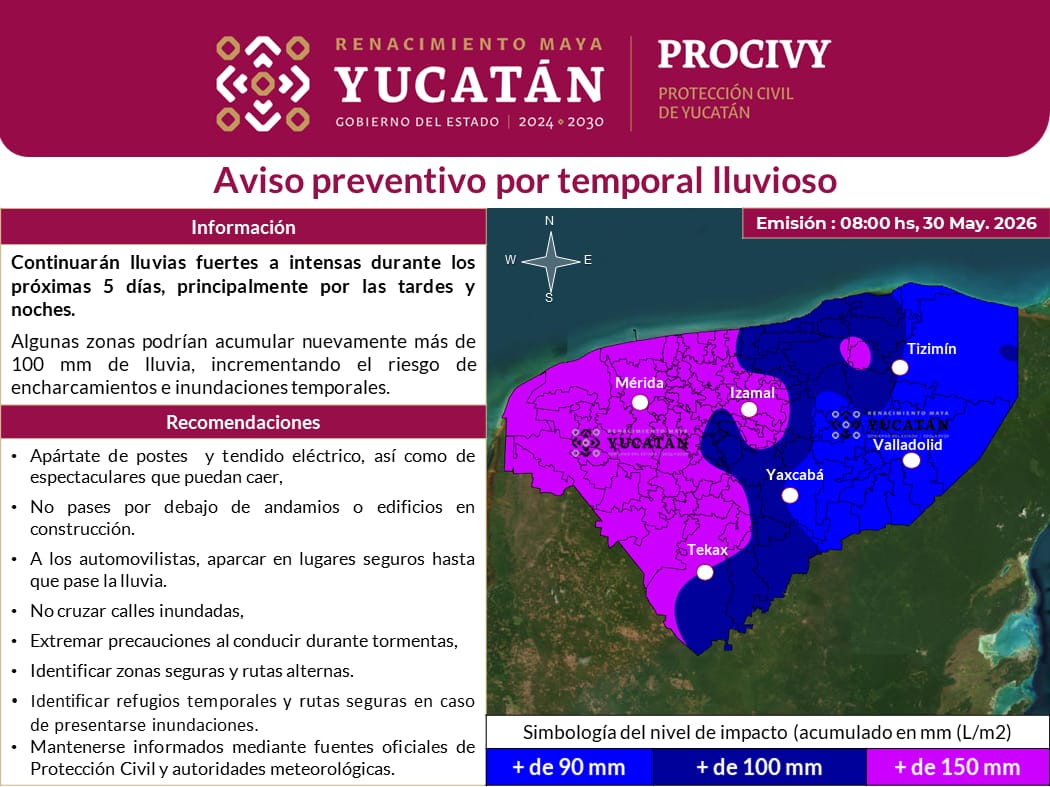 Durante los próximos cinco días persistirán condiciones atmosféricas favorables para la presencia de lluvias fuertes a intensas en Yucatán