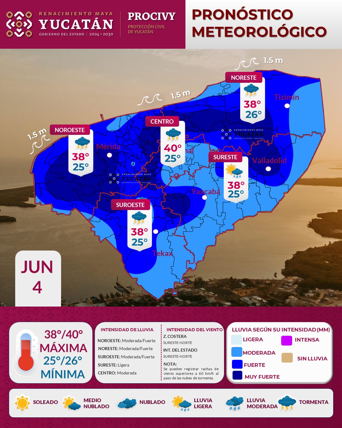 Una vaguada y Baja Presión posicionada al norte de la Península de Yucatán mantendrán el potencial de lluvia en la región
