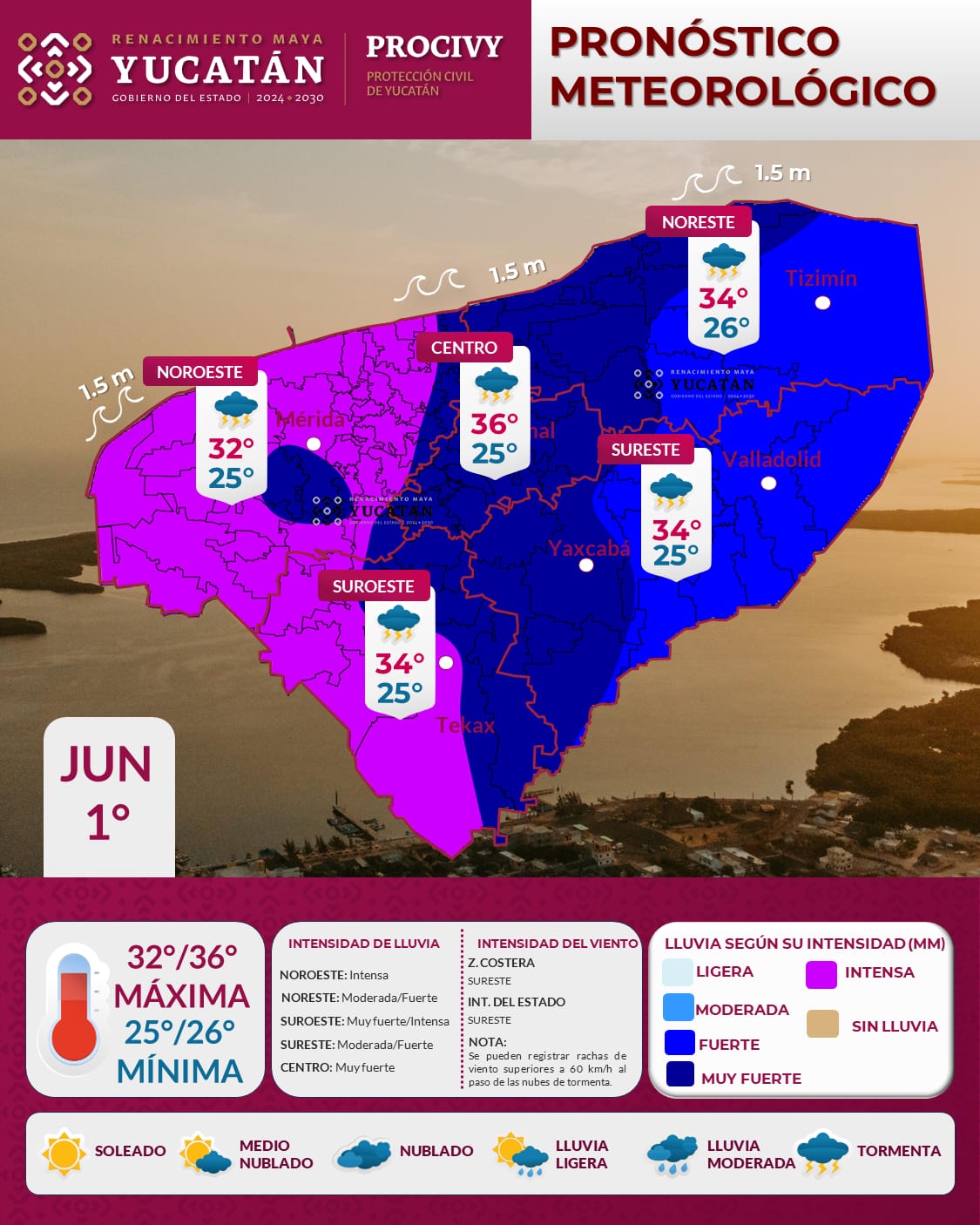 Pronostican lluvia ligera a intensa sobre el estado de Yucatán para hoy lunes / Se espera que la lluvia muy fuerte a intensa se registre poco antes del mediodía inicialmente en los municipios de Tizimín, Sucilá, Buctzotz y Temax