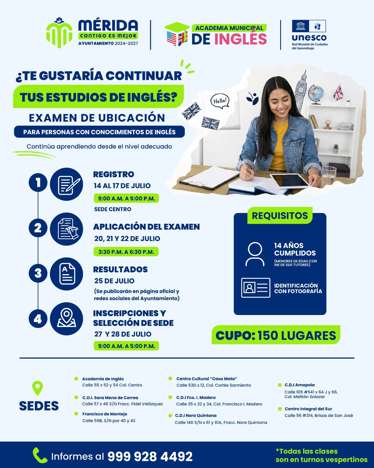 Ayuntamiento de Mérida abre convocatoria para el Examen de Ubicación de la Academia Municipal de Inglés, mediante el cual se ofrecerán 150 lugares a personas